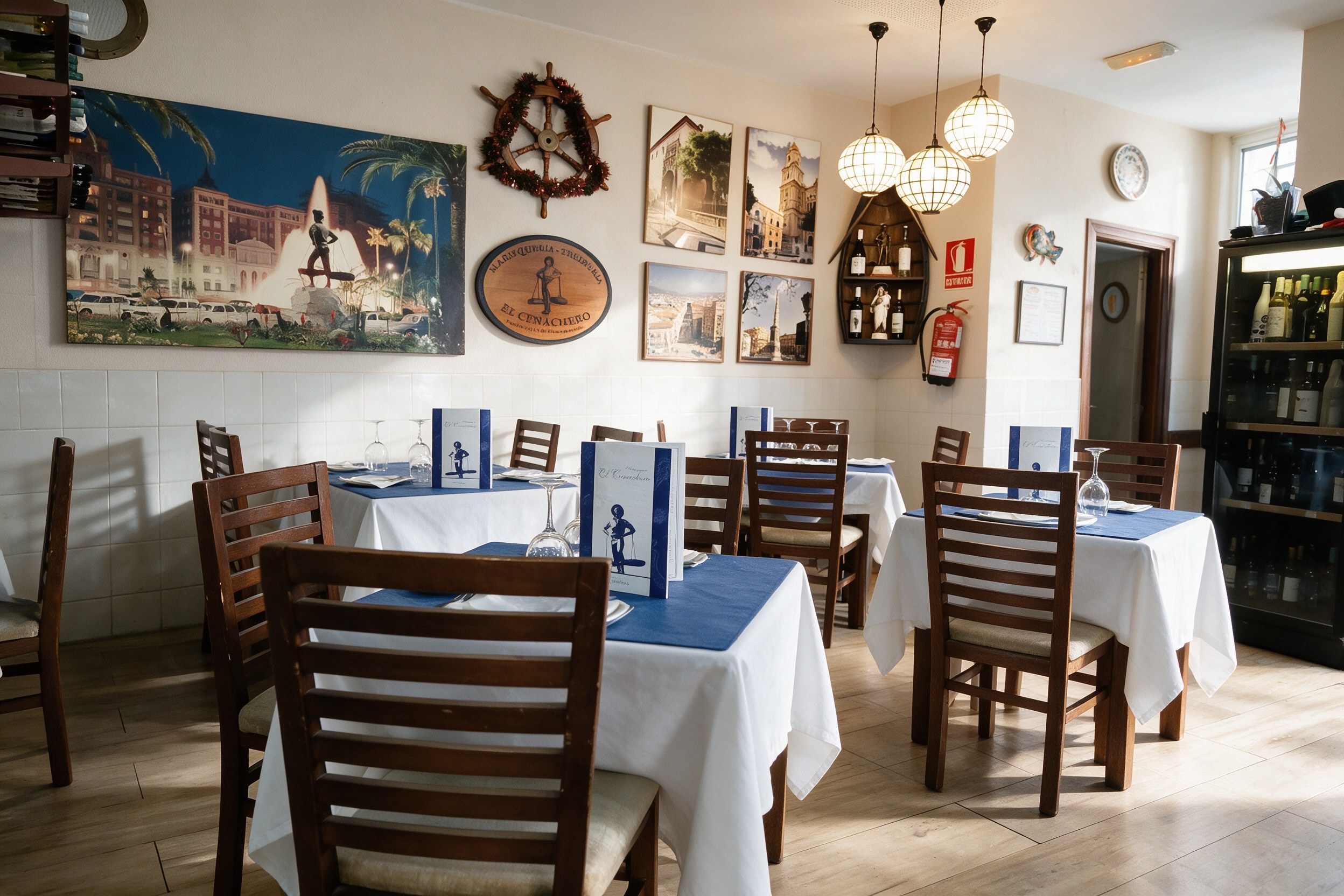Comedor tradicional de marisquería con mesas de mantel blanco y paredes de azulejos