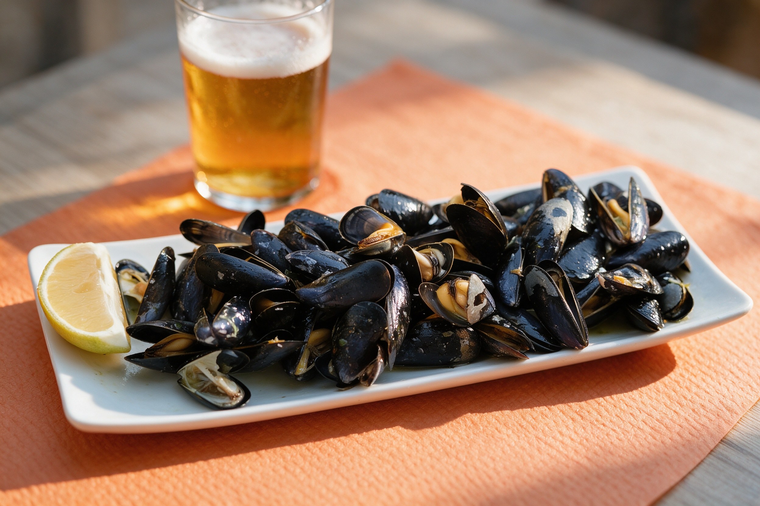 Mejillones negros en plato blanco con limón y cerveza