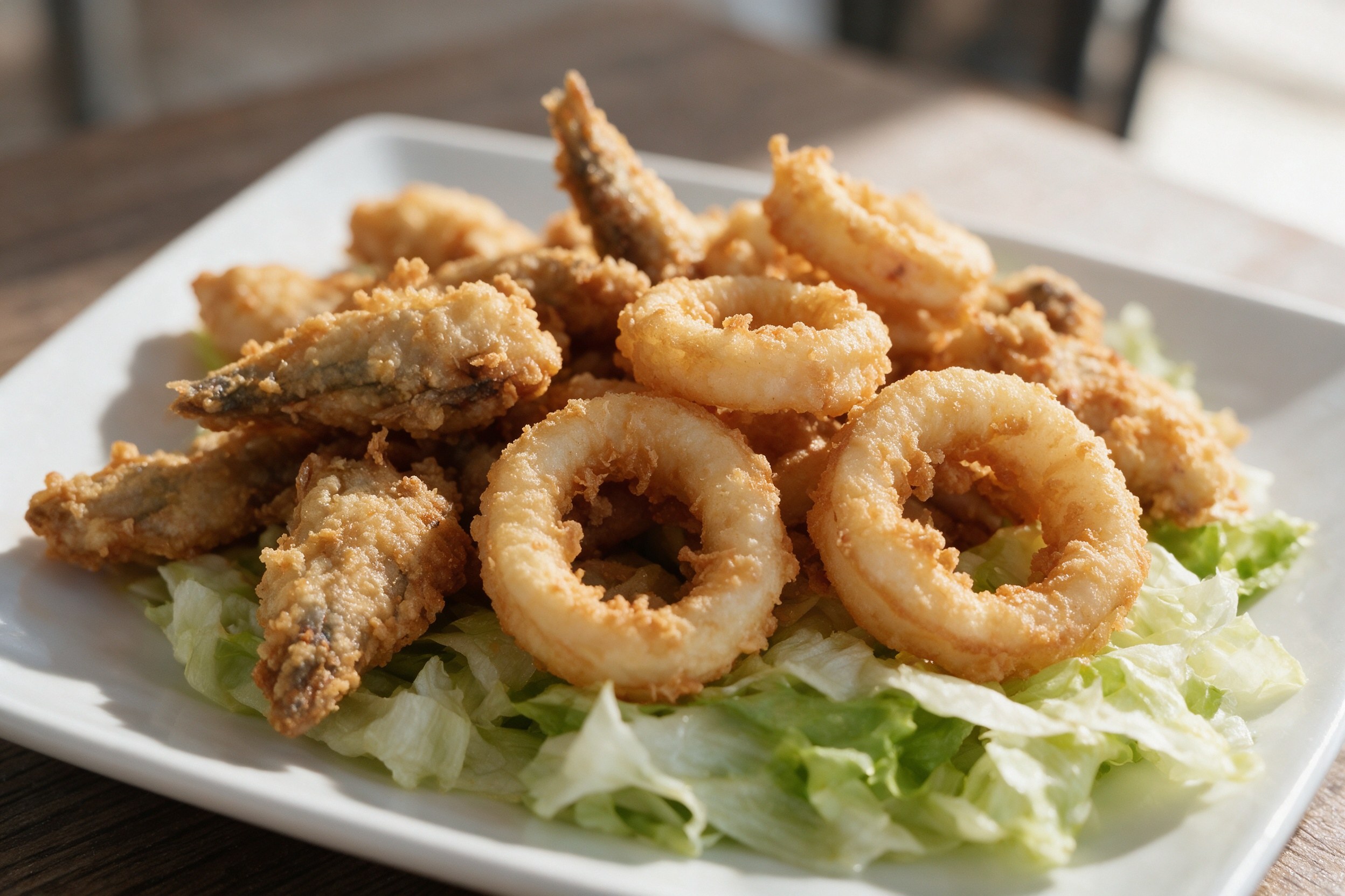 Fritura malagueña de calamares y pescado sobre lechuga en plato blanco